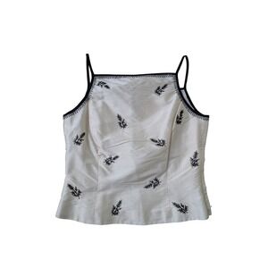 Ann Taylor 90s Y2K 100% Silk Tank Top Cream Black Embroidered Leaf Goth